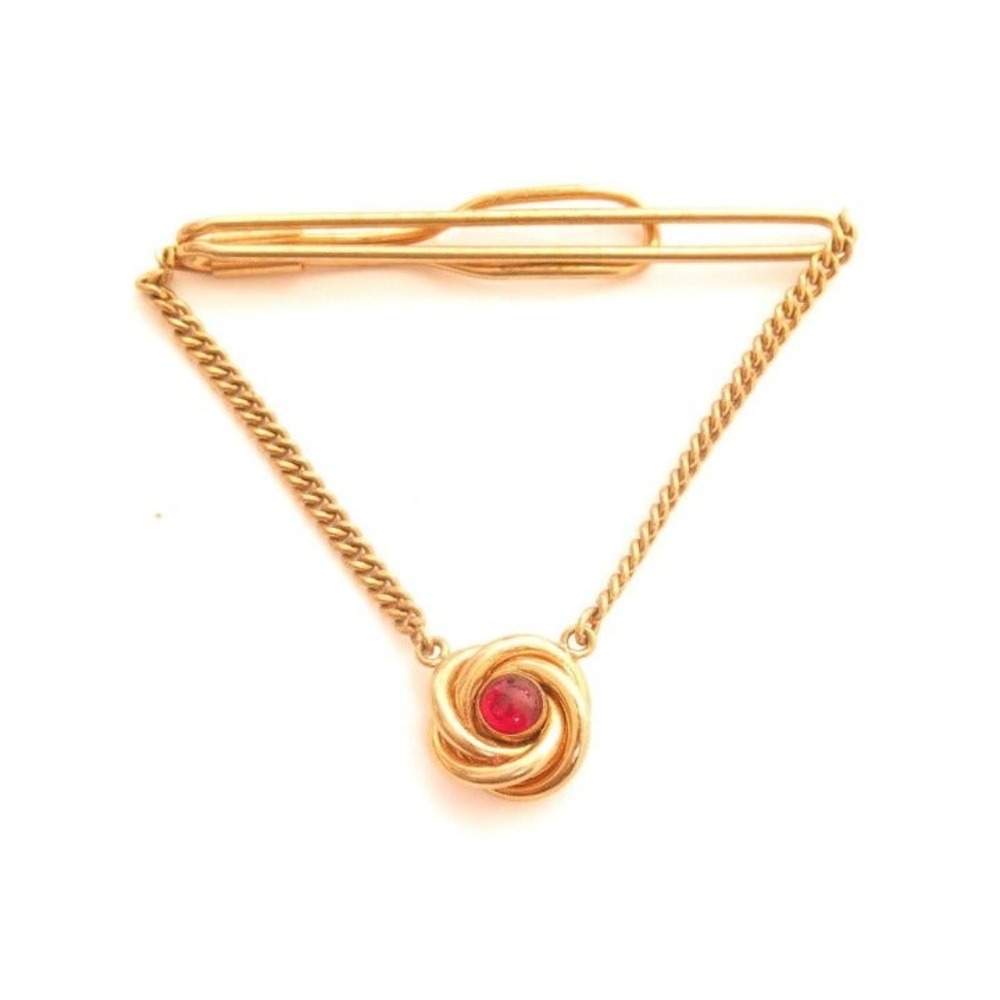Vintage‎ signed Swank Deep Red Glass Cabochon gold swag Love Knot tie clip clasp